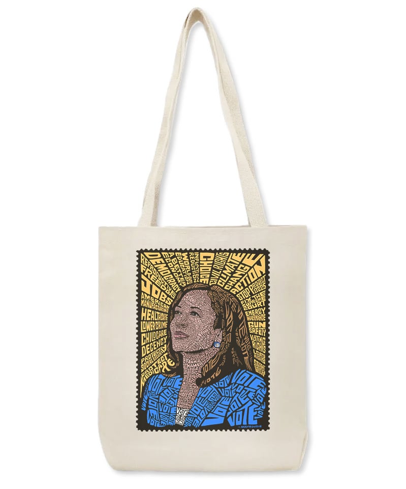 Beige tote bag portrait of Kamala Harris illustrated by John Mavroudis surrounded by progressive text messages. 