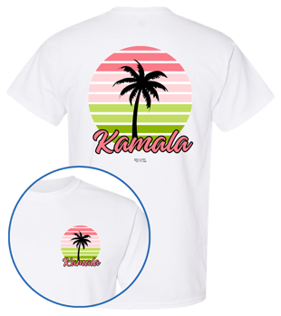 White t-shirt with big green, pink and heliconia stripes behind the silhouette of a palm tree and the name Kamala. Same on front, small left chest.