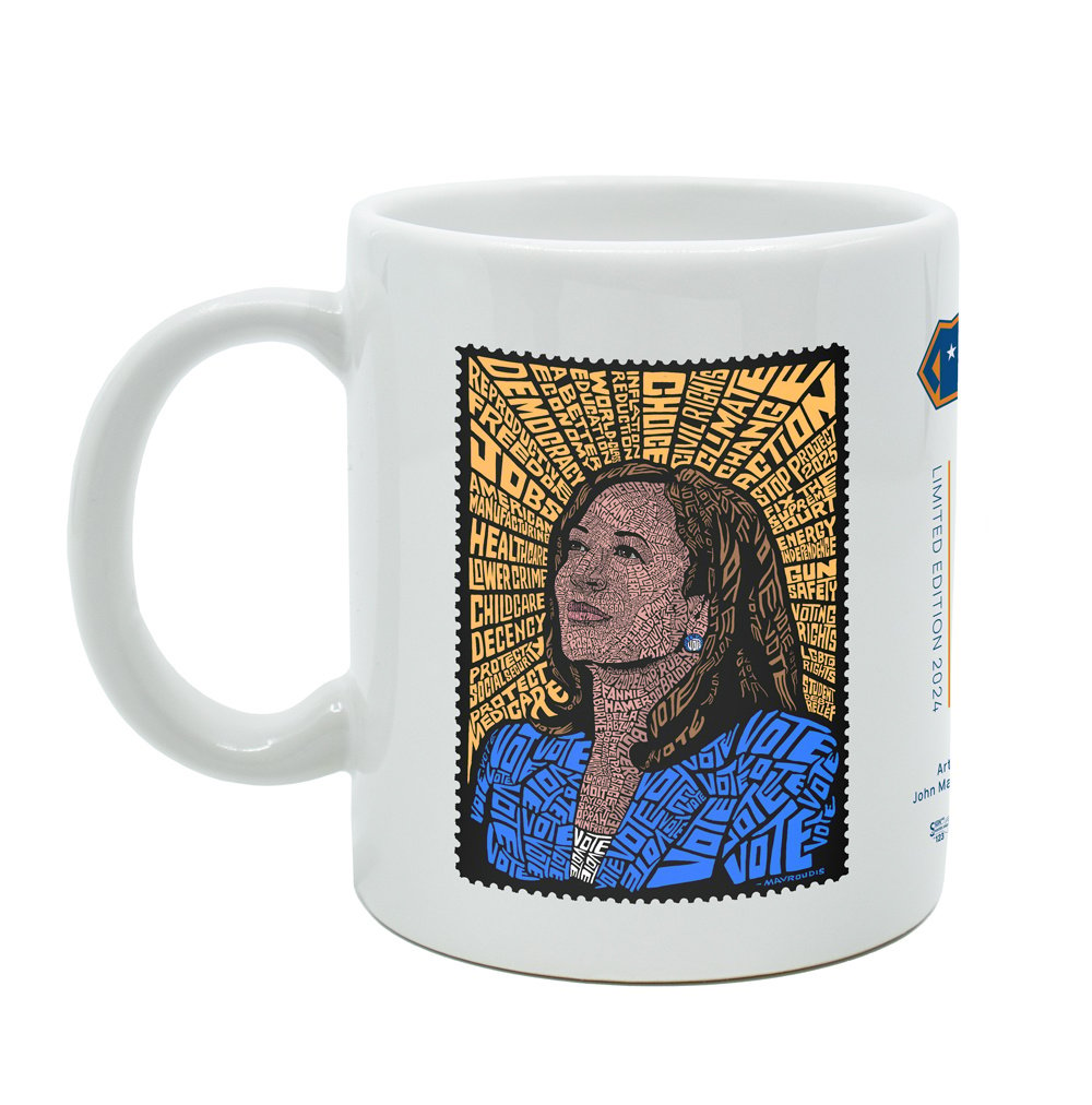 White mug with portrait of Kamala Harris illustrated by John Mavroudis surrounded by progressive text messages. 