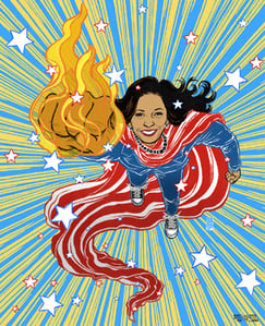 Superhero-style cartoon of smiling Kamala Harris flying in star-spangled cape, extending her fist of flame towards us. Artist Yuko Shimizu.