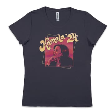 A black women's fitted t-shirt showcases an illustrated portrait of Kamala Harris in black and red hues. Above her, in stylized, wavy letters is written Kamala '24.