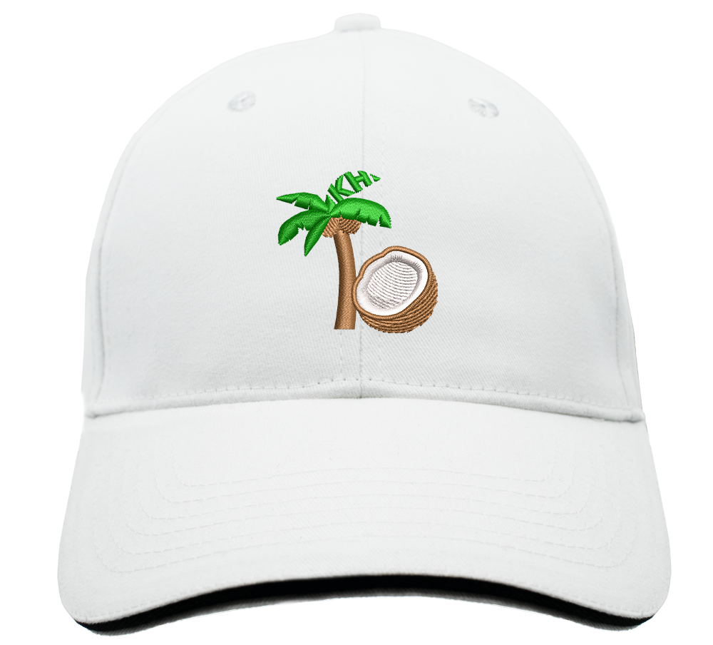 Embroidered white hat with a palm tree and coconut. Kamala Harris' initials shape one of the palm branches.